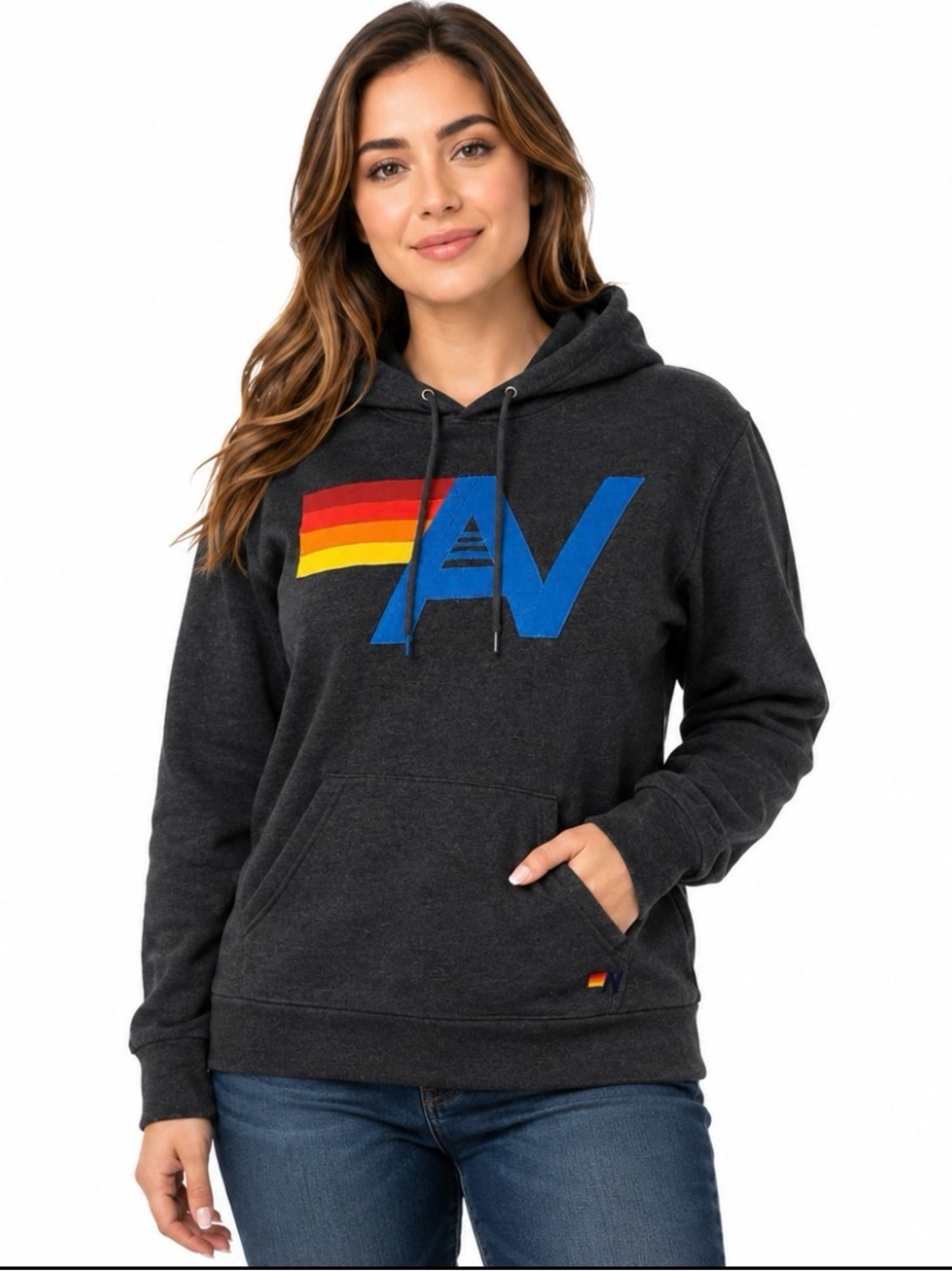 EUC Aviator Nation Heather Charcoal Black Rainbow AV Pullover Hoodie | Women’s